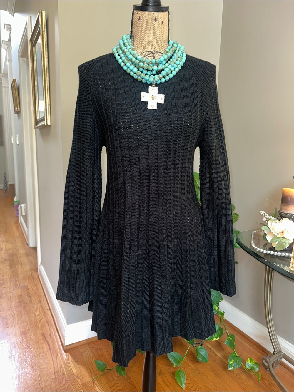 Pomander Place Black Ribbed Long-Sleeve Flared Knit Dress size Medium